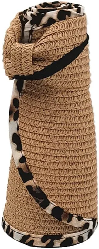 Women Sun Visors Wide Brim Straw Hats Packable Summer Beach Leopard Bow Ponytail Sun Visor Hats