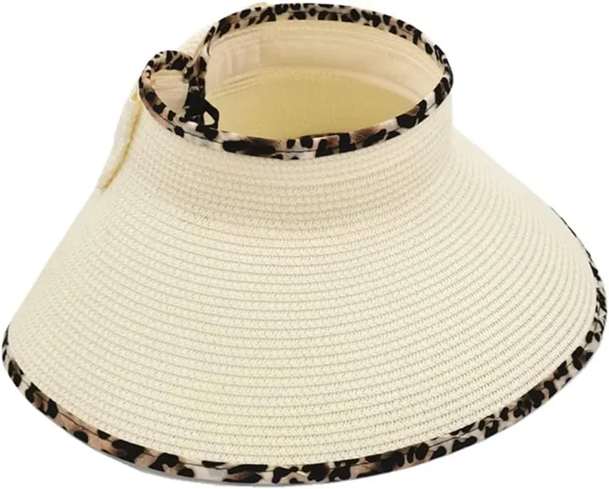 Women Sun Visors Wide Brim Straw Hats Packable Summer Beach Leopard Bow Ponytail Sun Visor Hats