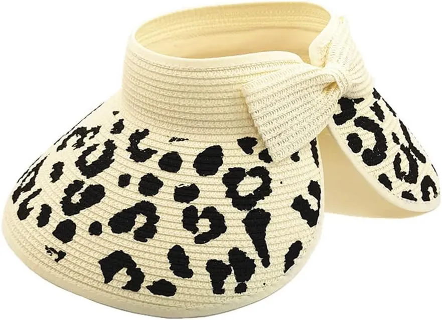 Women Sun Visors Wide Brim Straw Hats Packable Summer Beach Leopard Bow Ponytail Sun Visor Hats