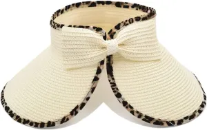 Women Sun Visors Wide Brim Straw Hats Packable Summer Beach Leopard Bow Ponytail Sun Visor Hats