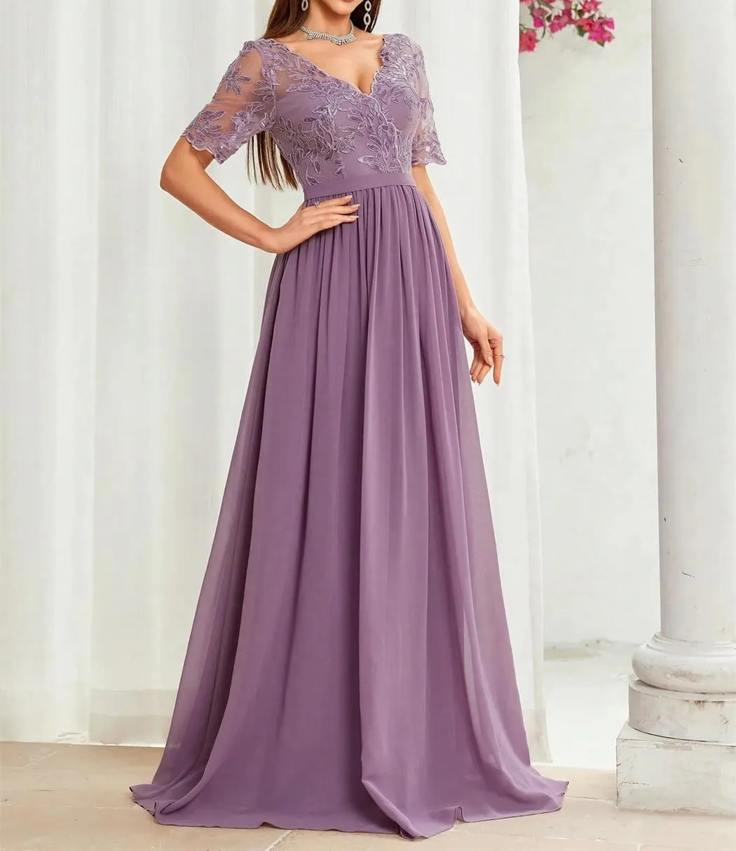 Women V-Neck Embroidered Lace Cross Irregular Lace Short Sleeves Splicing Chiffon Long Skirt