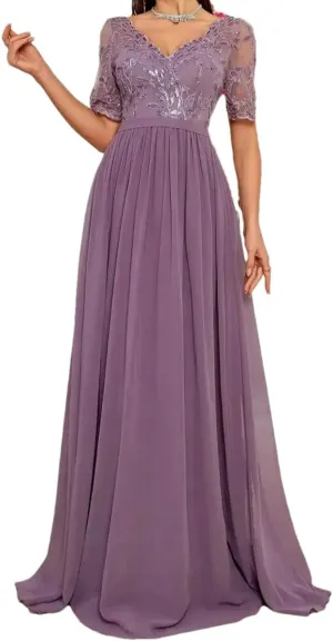 Women V-Neck Embroidered Lace Cross Irregular Lace Short Sleeves Splicing Chiffon Long Skirt