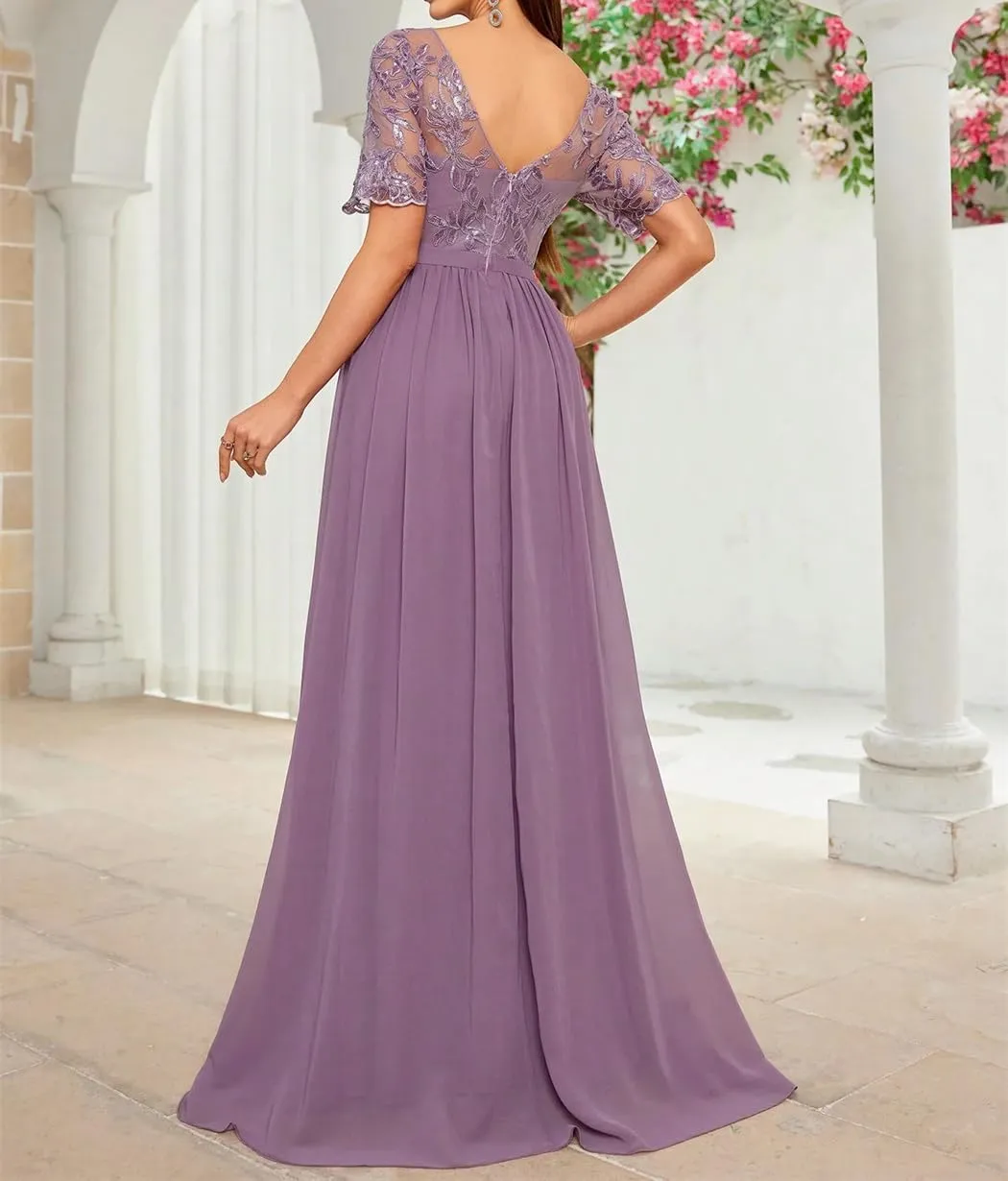 Women V-Neck Embroidered Lace Cross Irregular Lace Short Sleeves Splicing Chiffon Long Skirt