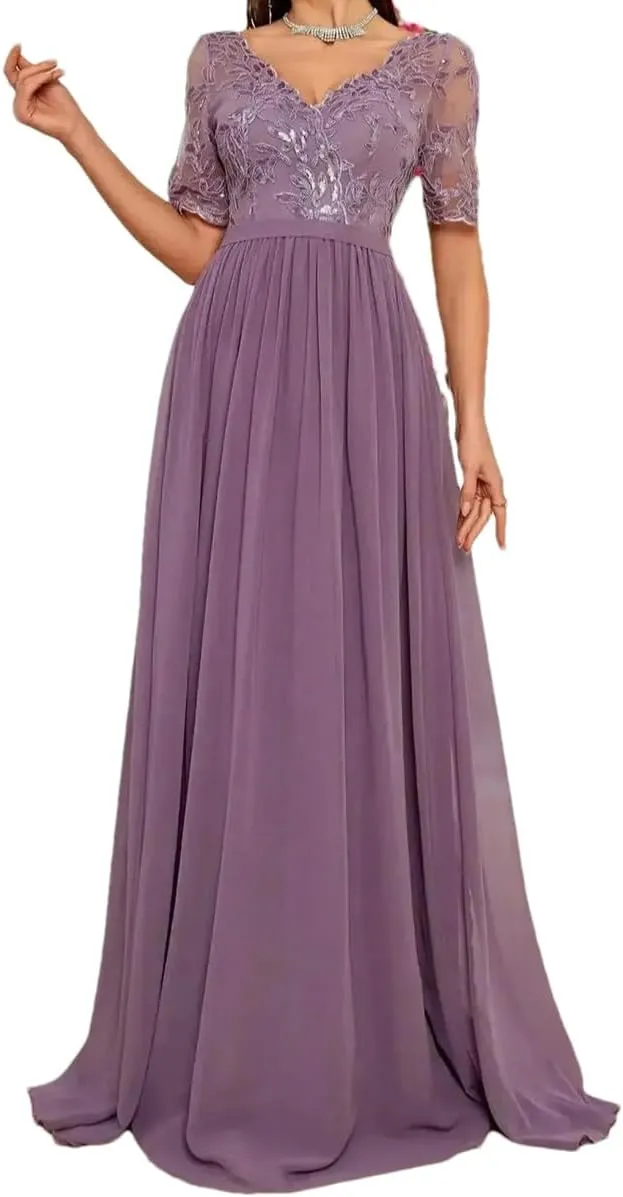 Women V-Neck Embroidered Lace Cross Irregular Lace Short Sleeves Splicing Chiffon Long Skirt