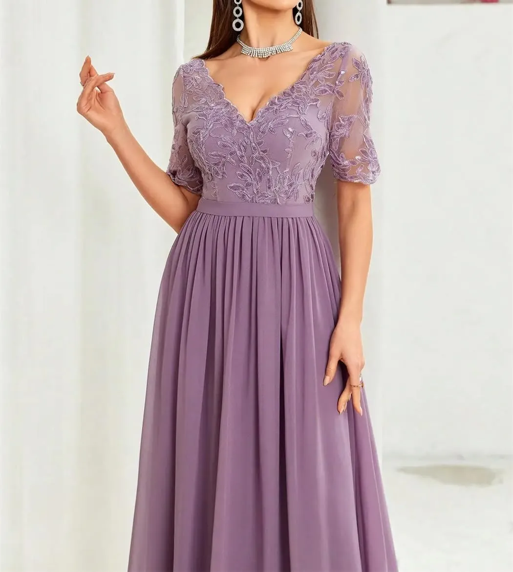 Women V-Neck Embroidered Lace Cross Irregular Lace Short Sleeves Splicing Chiffon Long Skirt