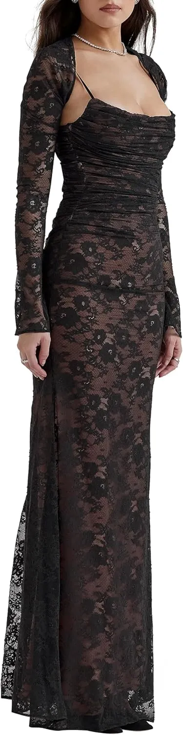 Women Vintage Cream Lace Maxi Dress Romantic Long Sleevees Lace Bodycon Dress