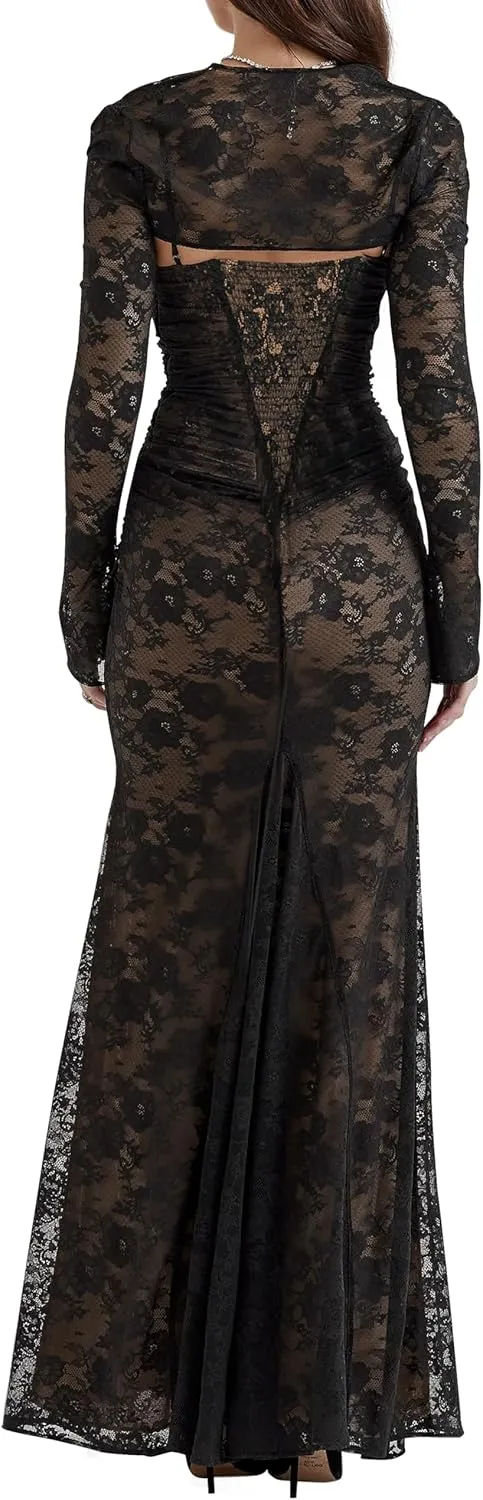 Women Vintage Cream Lace Maxi Dress Romantic Long Sleevees Lace Bodycon Dress