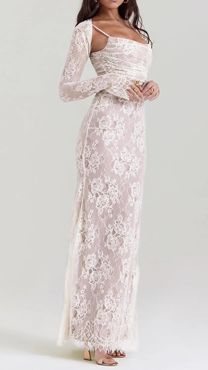 Women Vintage Cream Lace Maxi Dress Romantic Long Sleevees Lace Bodycon Dress