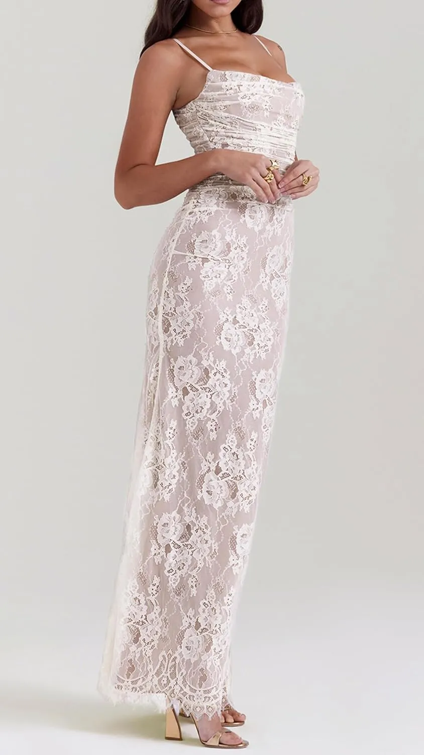 Women Vintage Cream Lace Maxi Dress Romantic Long Sleevees Lace Bodycon Dress