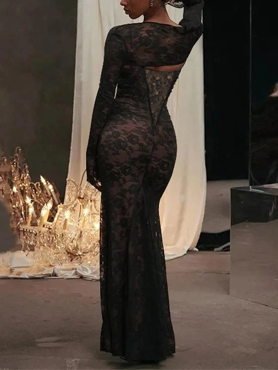 Women Vintage Cream Lace Maxi Dress Romantic Long Sleevees Lace Bodycon Dress
