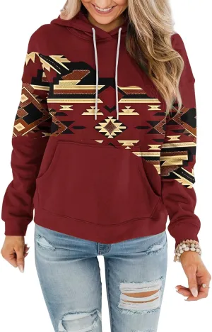 Women Western Ethic Hoodie Aztec Style Print Graphic Sweatshirts Pullover Hooded Pullover Tops Shirts Vintage Clothing
