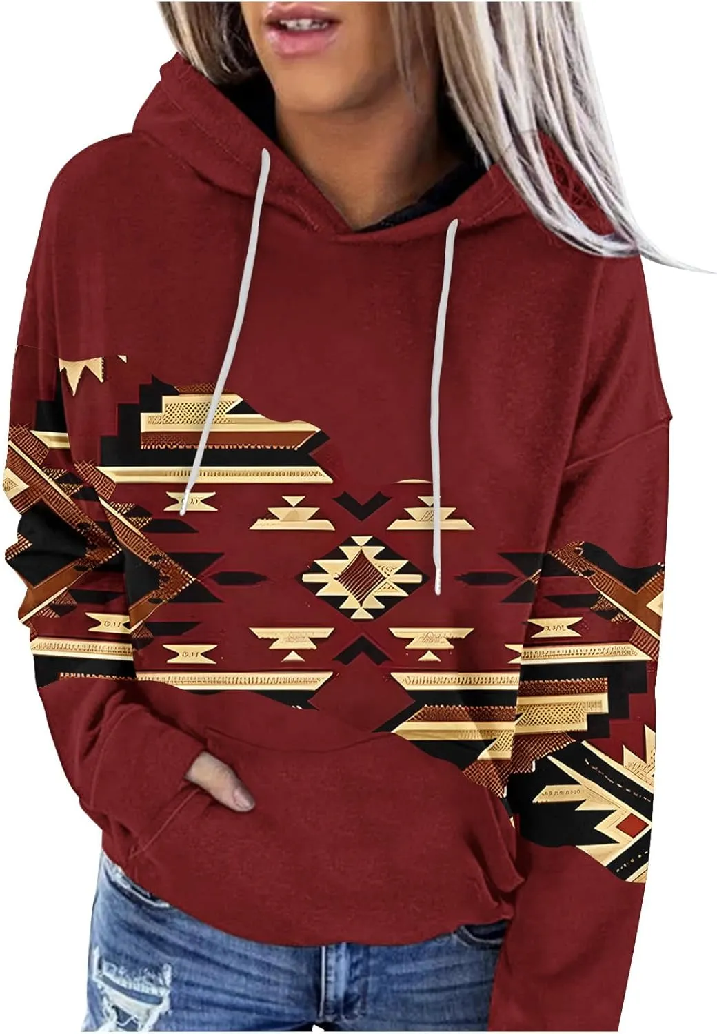 Women Western Ethic Hoodie Aztec Style Print Graphic Sweatshirts Pullover Hooded Pullover Tops Shirts Vintage Clothing