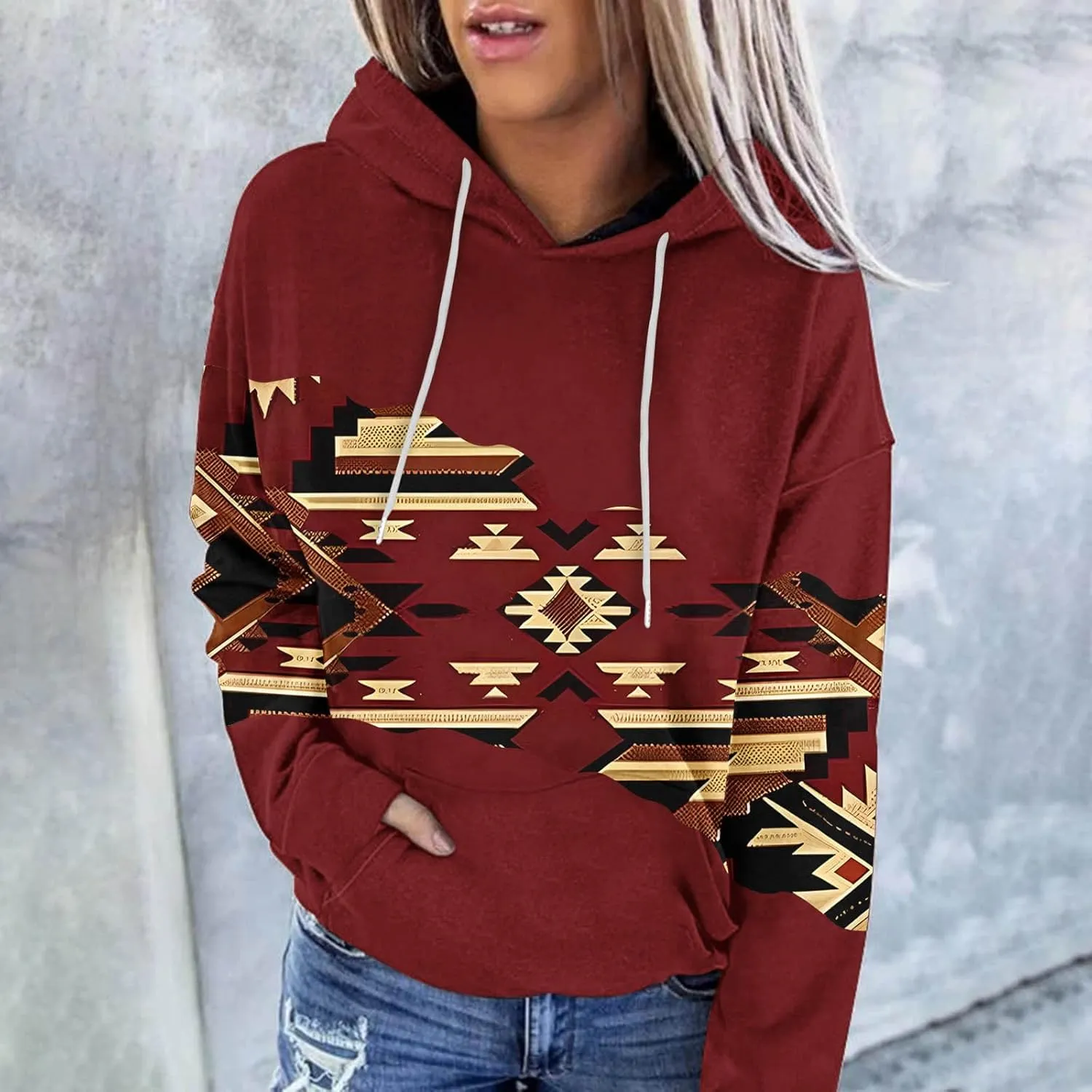 Women Western Ethic Hoodie Aztec Style Print Graphic Sweatshirts Pullover Hooded Pullover Tops Shirts Vintage Clothing