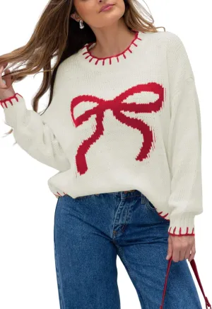 Women Y2K Bow Knit Sweater Crew Neck Long Sleeve Knitted Pullover Oversized Contrast Trim Knitwear