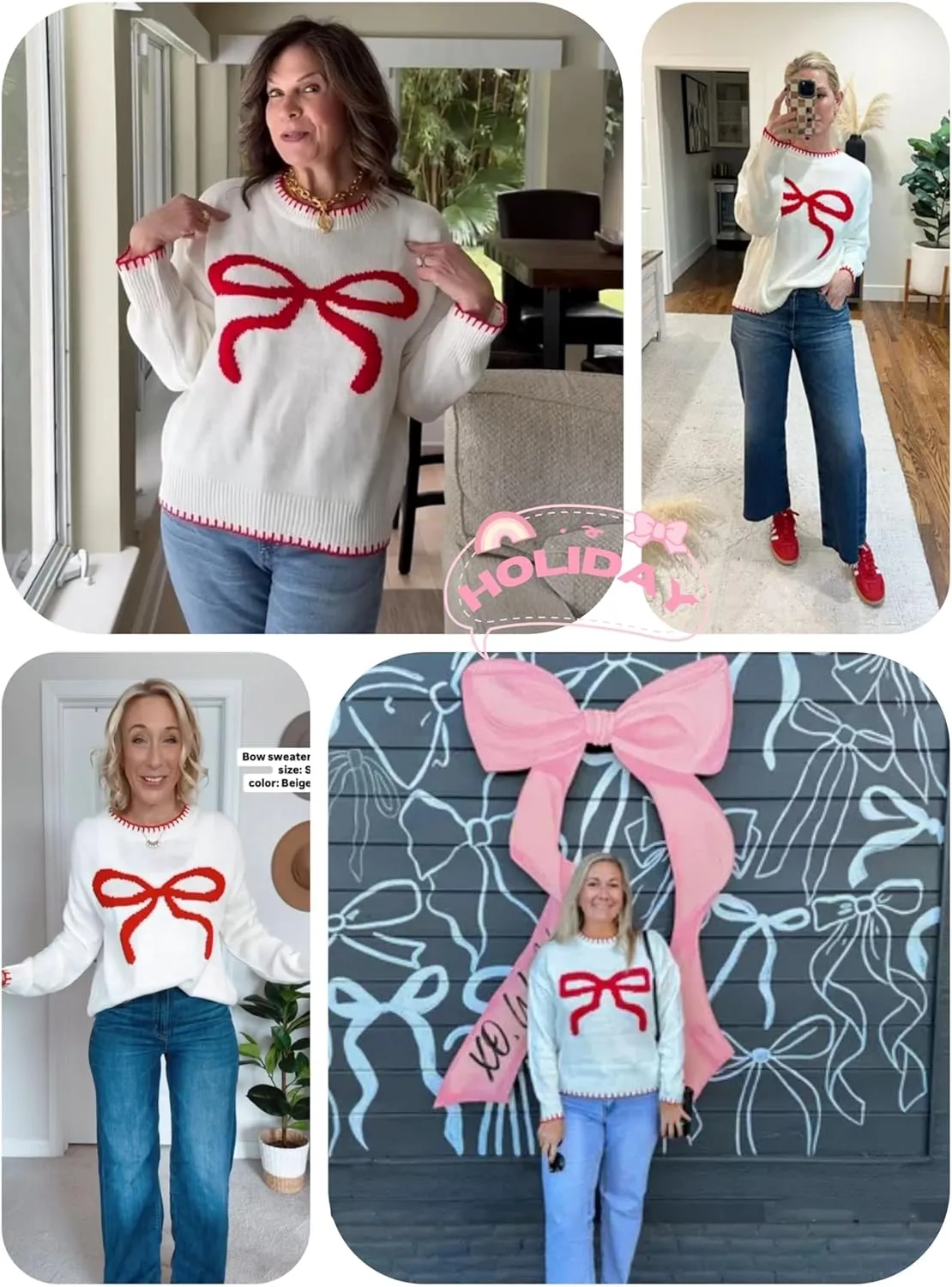 Women Y2K Bow Knit Sweater Crew Neck Long Sleeve Knitted Pullover Oversized Contrast Trim Knitwear