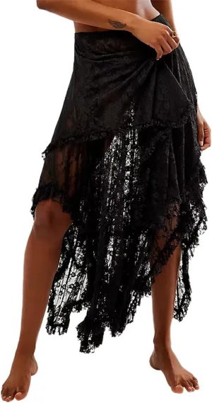 Women Y2K Lace Long Skirts Layered Hem Sheer See Through Festival Flowy A-line Maxi Skirts Boho Beach Floral Dress