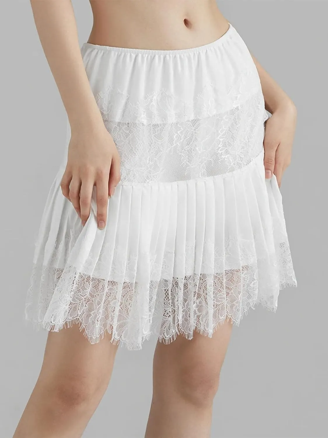 Women Y2K Lace Mini Skirts Summer Lace Slip Pleated Ruffle Floral Lace Tiered Short Skirts