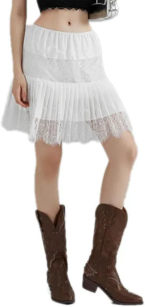 Women Y2K Lace Mini Skirts Summer Lace Slip Pleated Ruffle Floral Lace Tiered Short Skirts
