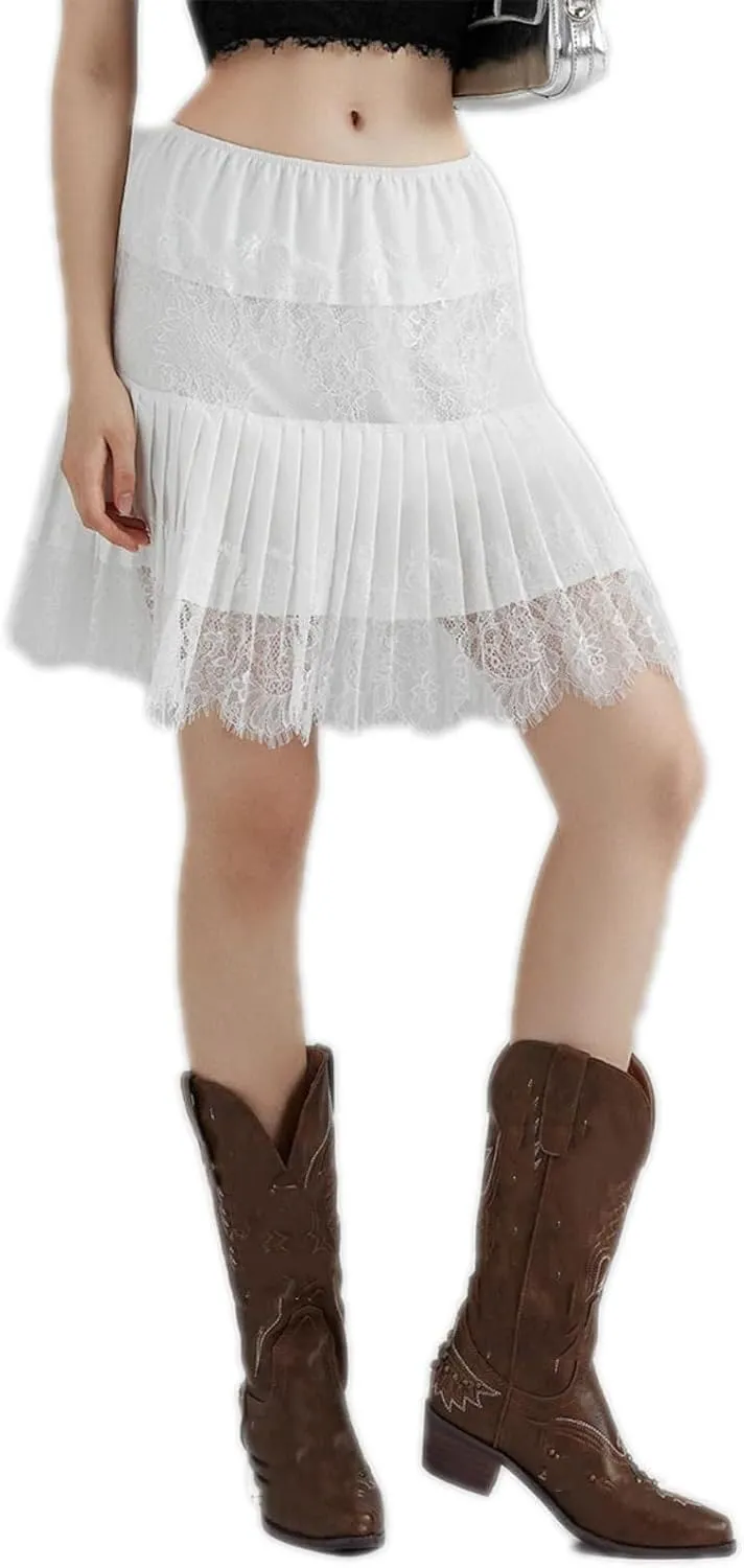 Women Y2K Lace Mini Skirts Summer Lace Slip Pleated Ruffle Floral Lace Tiered Short Skirts