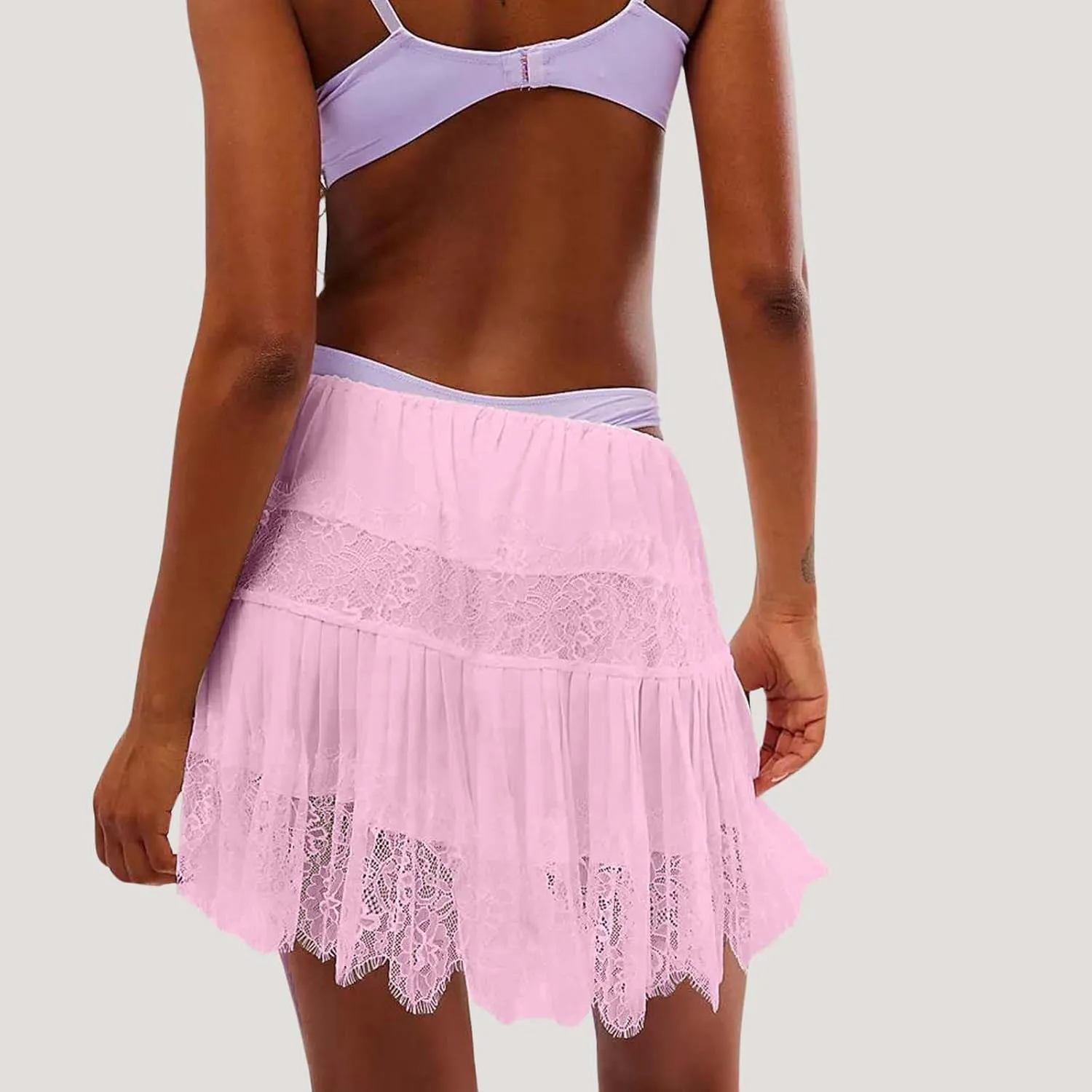 Women Y2k Lace Mini Skirts Summer Lace Slip Skirt Pleated Ruffle Floral Lace Tiered Short Skirts Underskirt