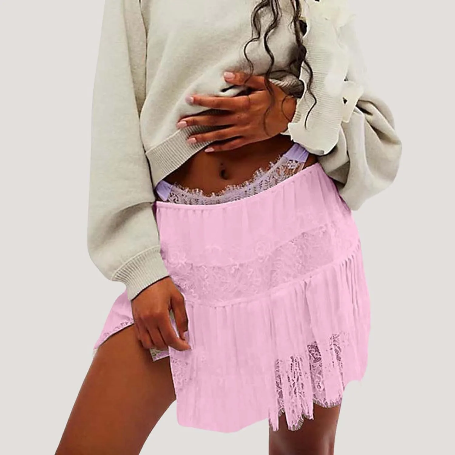 Women Y2k Lace Mini Skirts Summer Lace Slip Skirt Pleated Ruffle Floral Lace Tiered Short Skirts Underskirt