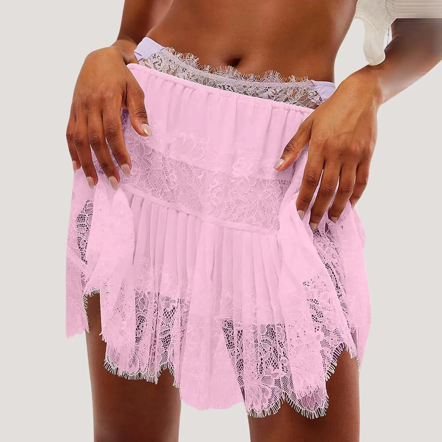Women Y2k Lace Mini Skirts Summer Lace Slip Skirt Pleated Ruffle Floral Lace Tiered Short Skirts Underskirt