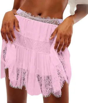 Women Y2k Lace Mini Skirts Summer Lace Slip Skirt Pleated Ruffle Floral Lace Tiered Short Skirts Underskirt