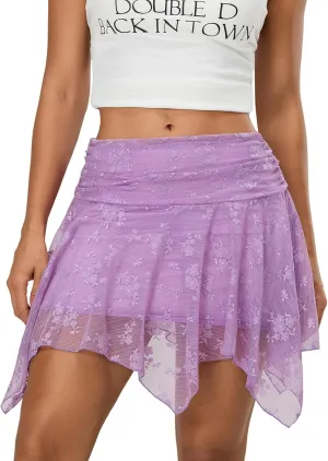 Women Y2k Lace Slip Skirt Lace Mini Skirts Pleated Ruffle Floral Lace Tiered Short Skirts Streetwear