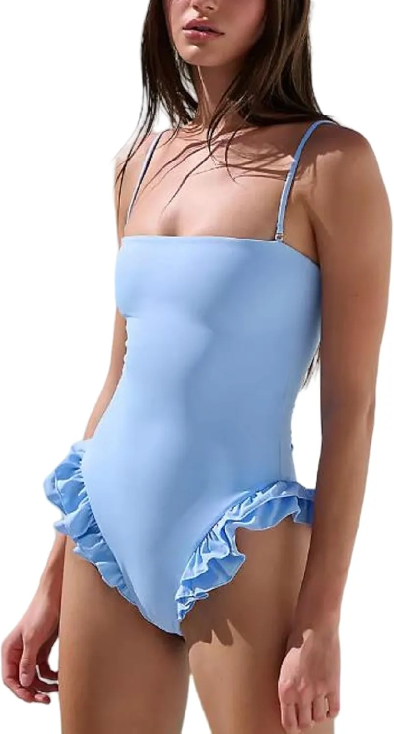 Women Y2k Ruffle One Piece Swimsuit Sexy High Cut Tummy Control Batching Suit with Adjustable Spaghetti Straps
