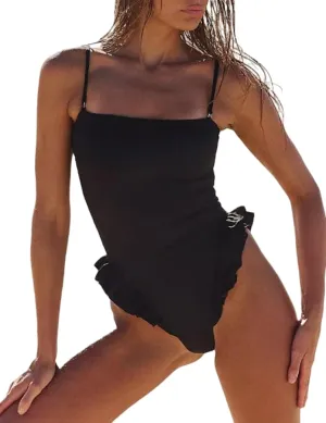 Women Y2k Ruffle One Piece Swimsuit Sexy High Cut Tummy Control Batching Suit with Adjustable Spaghetti Straps