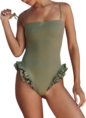 Women Y2k Ruffle One Piece Swimsuit Sexy High Cut Tummy Control Batching Suit with Adjustable Spaghetti Straps