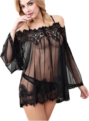 Women's 2 Piece Mesh Sheer Floral Lace Babydoll Slip Dress Sexy Tulle Off Shoulder Nightgowns and Thong Lingerie Set