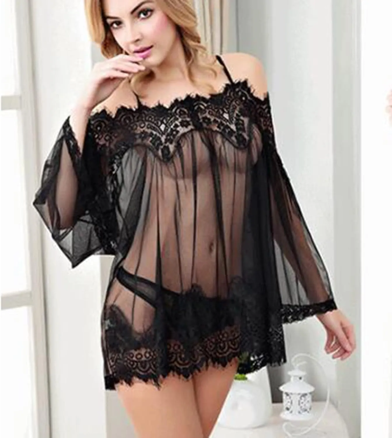 Women's 2 Piece Mesh Sheer Floral Lace Babydoll Slip Dress Sexy Tulle Off Shoulder Nightgowns and Thong Lingerie Set