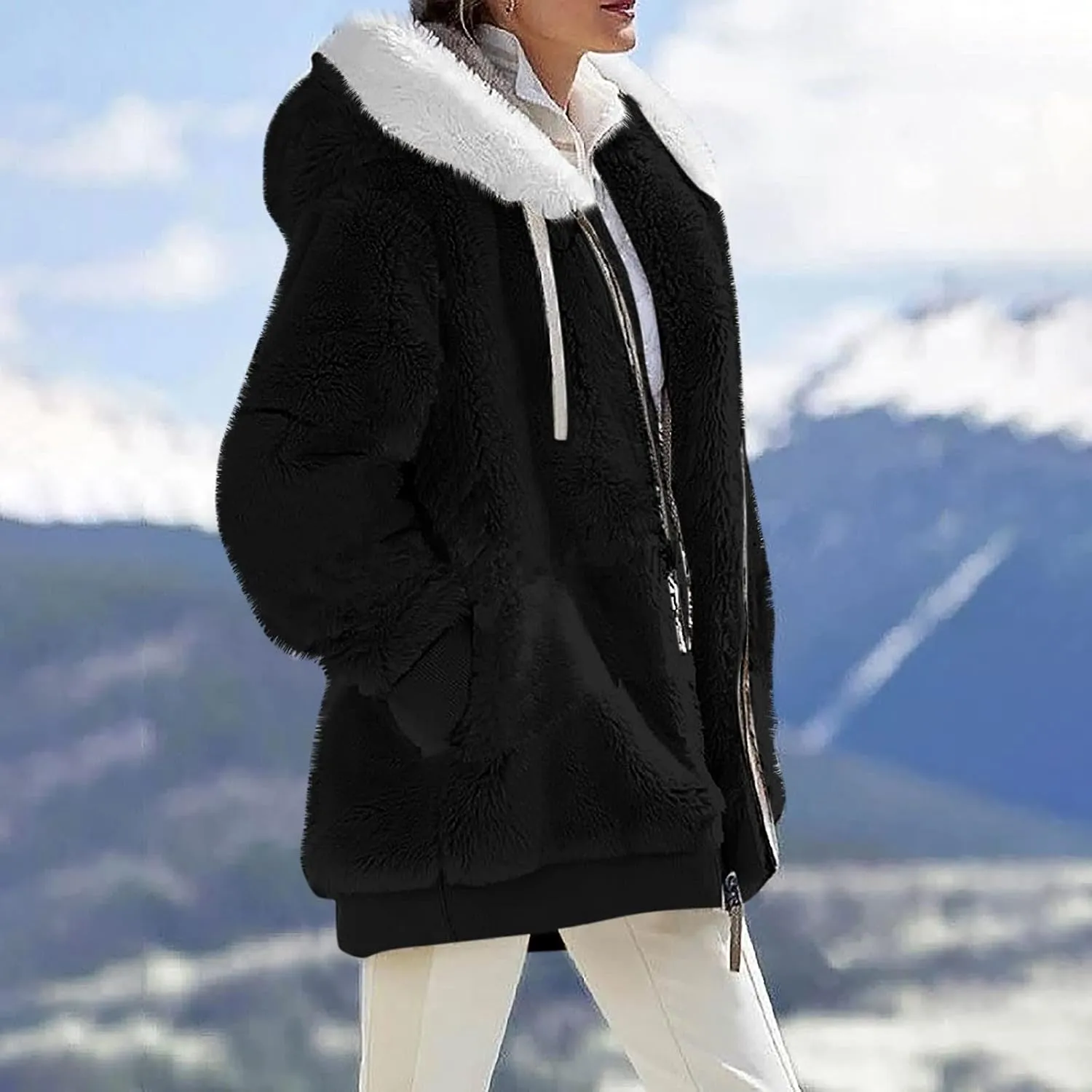 Womens 2024 Winter Fuzzy Fleece Jacket Hooded Color Block Patchwork Coats Soft Outdoor Sherpa Lined Thick Coat