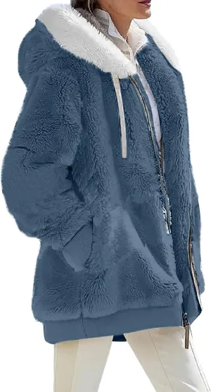 Womens 2024 Winter Fuzzy Fleece Jacket Hooded Color Block Patchwork Coats Soft Outdoor Sherpa Lined Thick Coat