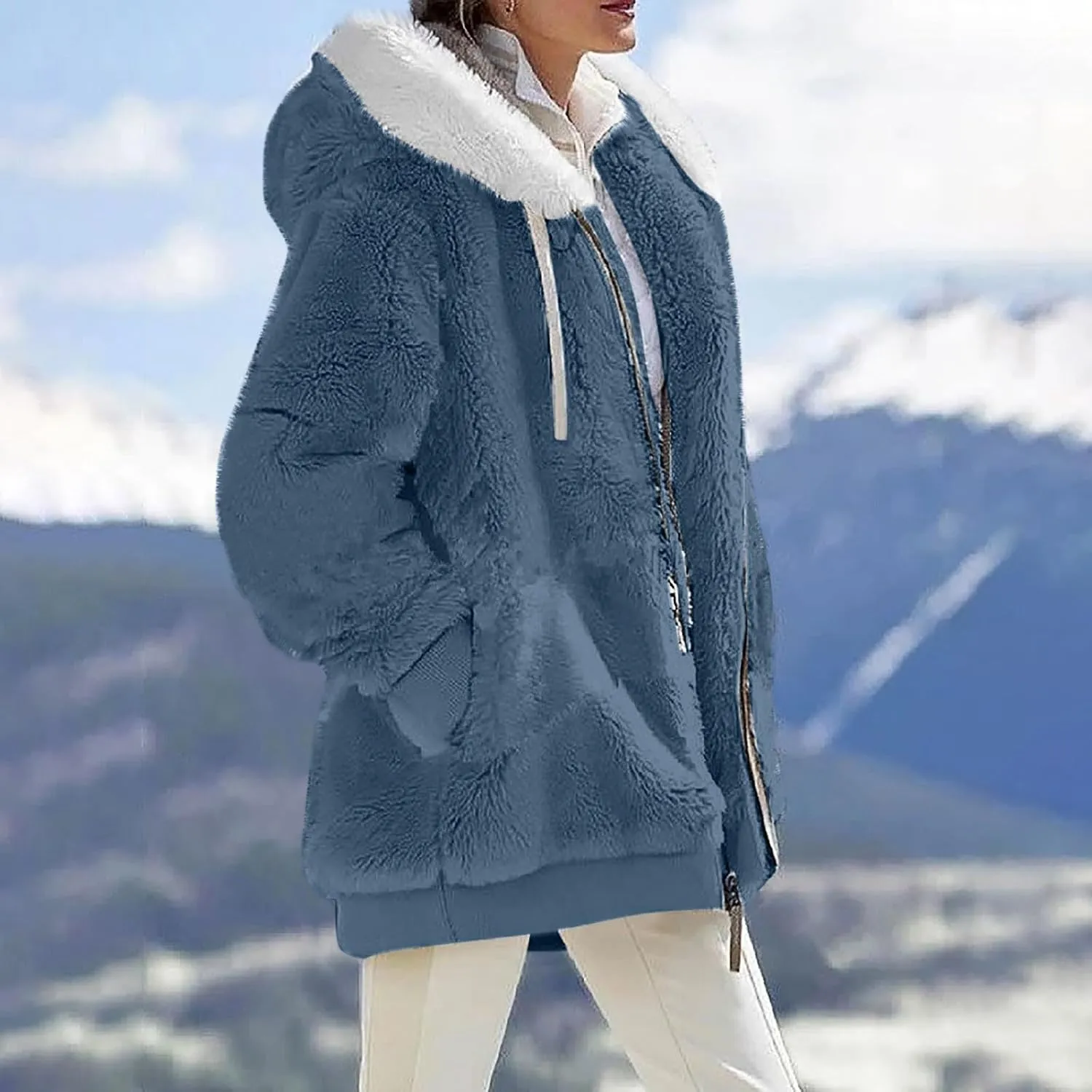 Womens 2024 Winter Fuzzy Fleece Jacket Hooded Color Block Patchwork Coats Soft Outdoor Sherpa Lined Thick Coat