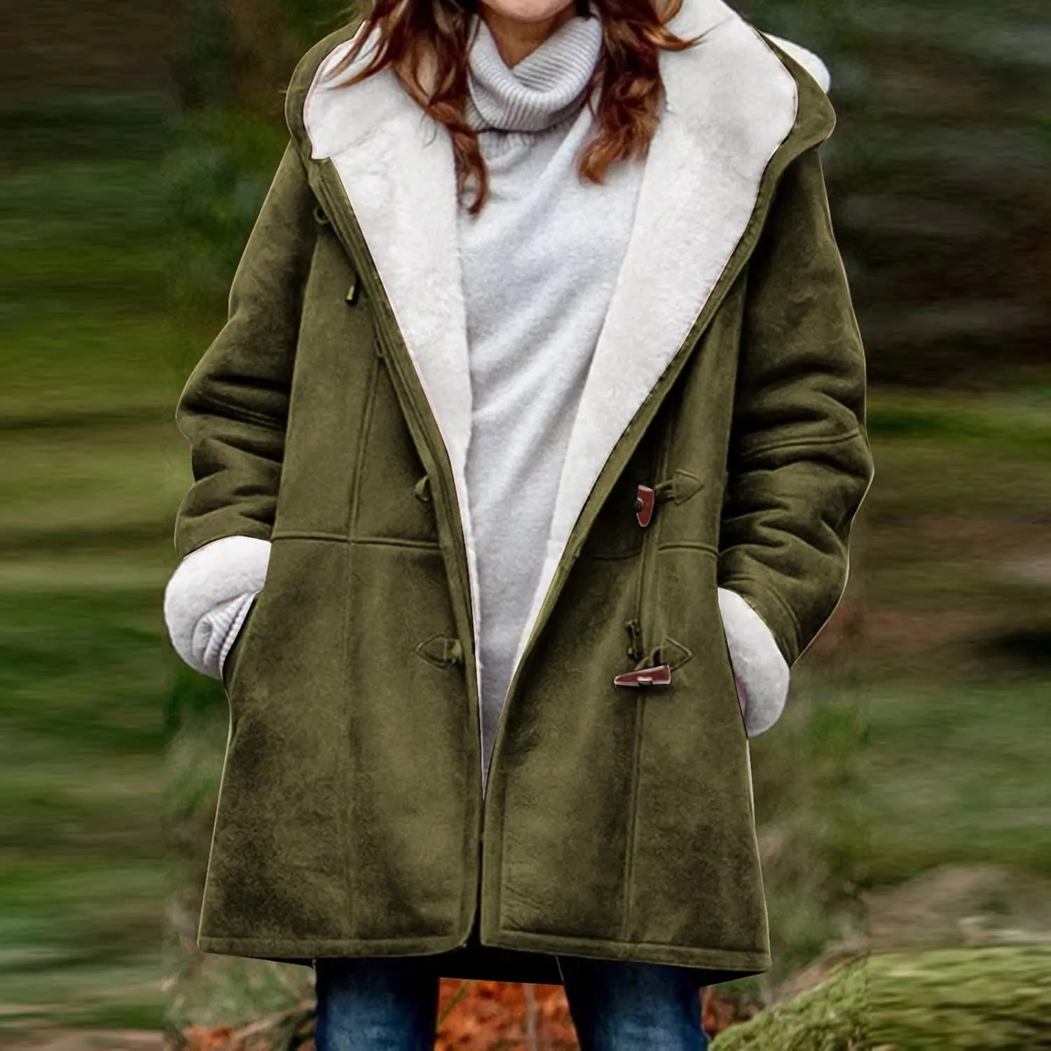 Womens 2024 Winter Fuzzy Fleece Jacket Hooded Color Block Patchwork Coats Soft Outdoor Sherpa Lined Thick Coat