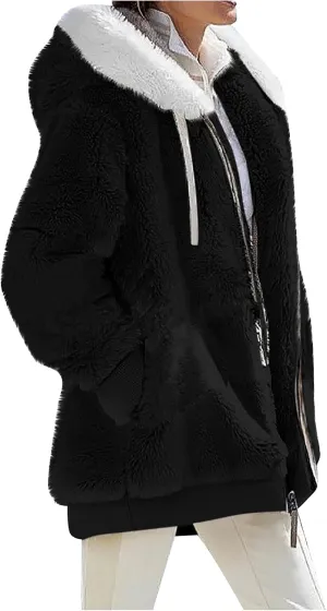 Womens 2024 Winter Fuzzy Fleece Jacket Hooded Color Block Patchwork Coats Soft Outdoor Sherpa Lined Thick Coat