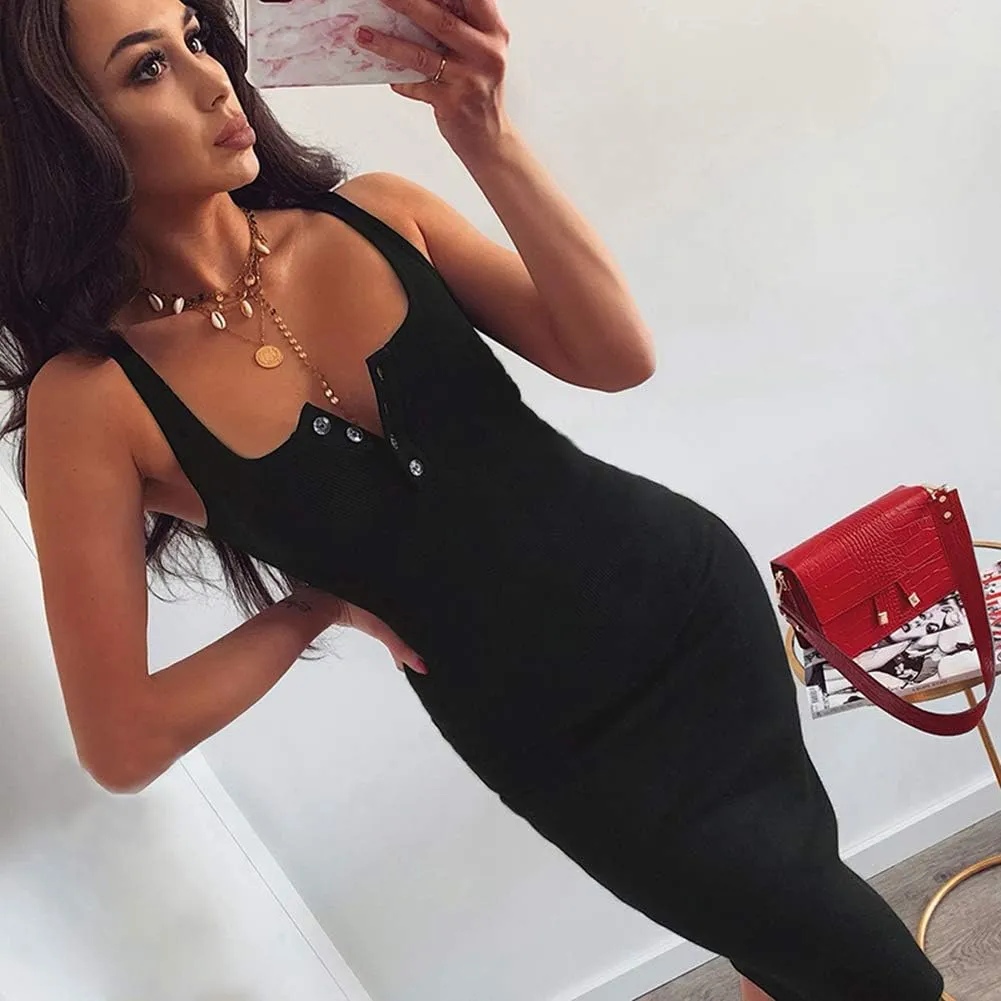Women's Basic Ribbed Sundress Stretchy Bodycon Casual Midi Tank Dress