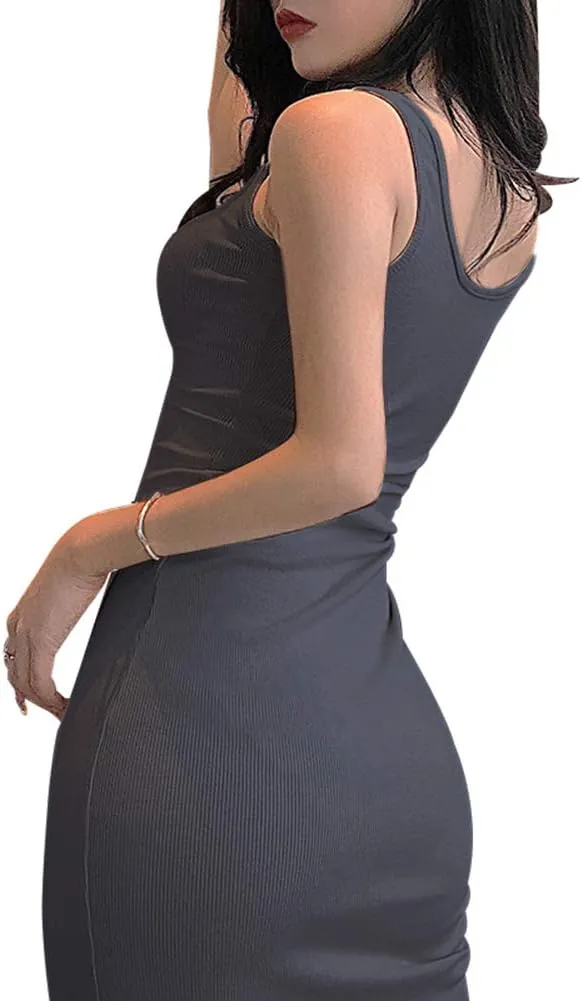 Women's Basic Ribbed Sundress Stretchy Bodycon Casual Midi Tank Dress