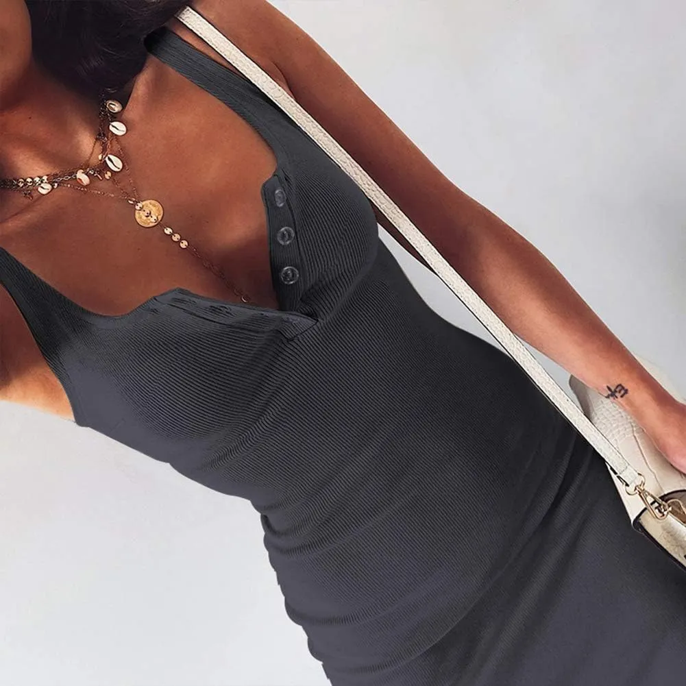 Women's Basic Ribbed Sundress Stretchy Bodycon Casual Midi Tank Dress