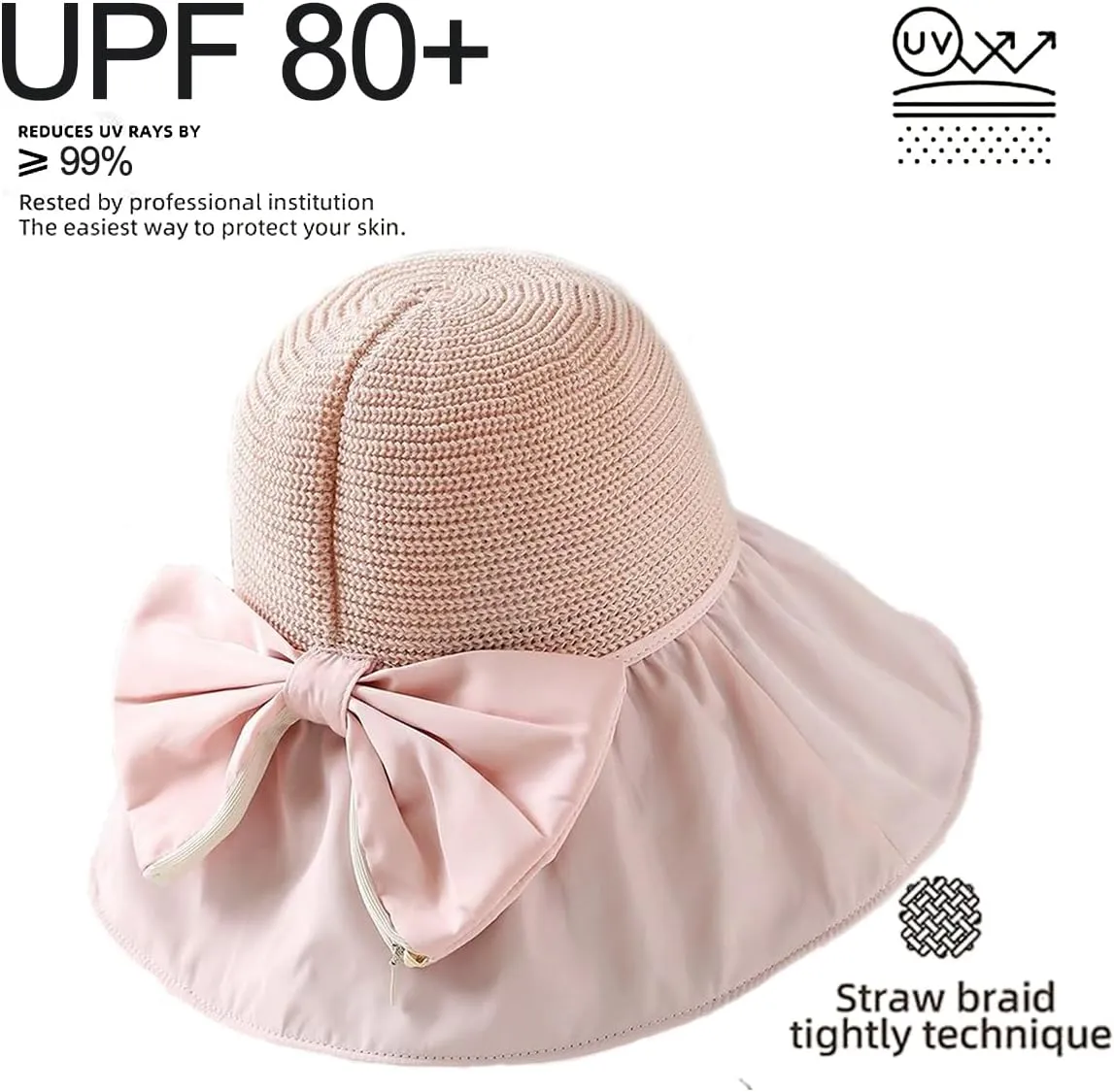 Womens Beach Sun Hat UPF 80  Summer Outdoor Protection Foldable Wide Brim Bucket Hat Decorative Bow