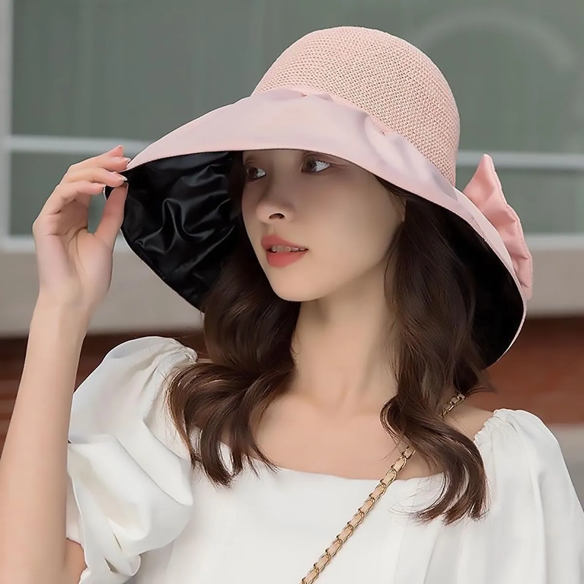 Womens Beach Sun Hat UPF 80  Summer Outdoor Protection Foldable Wide Brim Bucket Hat Decorative Bow