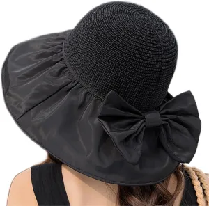 Womens Beach Sun Hat UPF 80  Summer Outdoor Protection Foldable Wide Brim Bucket Hat Decorative Bow