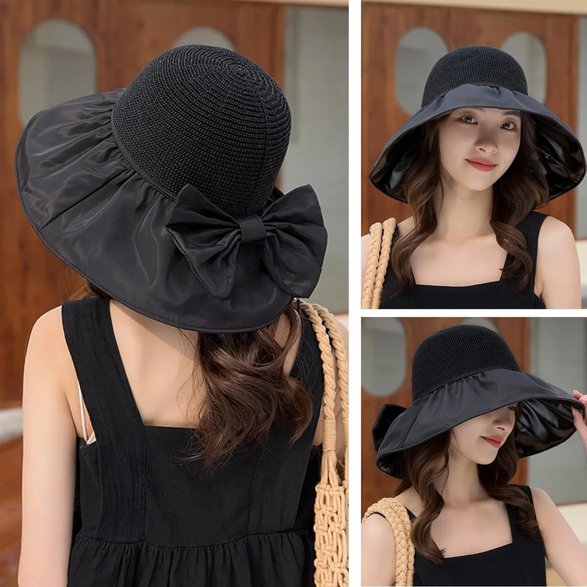 Womens Beach Sun Hat UPF 80  Summer Outdoor Protection Foldable Wide Brim Bucket Hat Decorative Bow