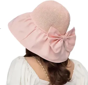 Womens Beach Sun Hat UPF 80  Summer Outdoor Protection Foldable Wide Brim Bucket Hat Decorative Bow