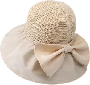 Womens Beach Sun Hat UPF 80  Summer Outdoor Protection Foldable Wide Brim Bucket Hat Decorative Bow