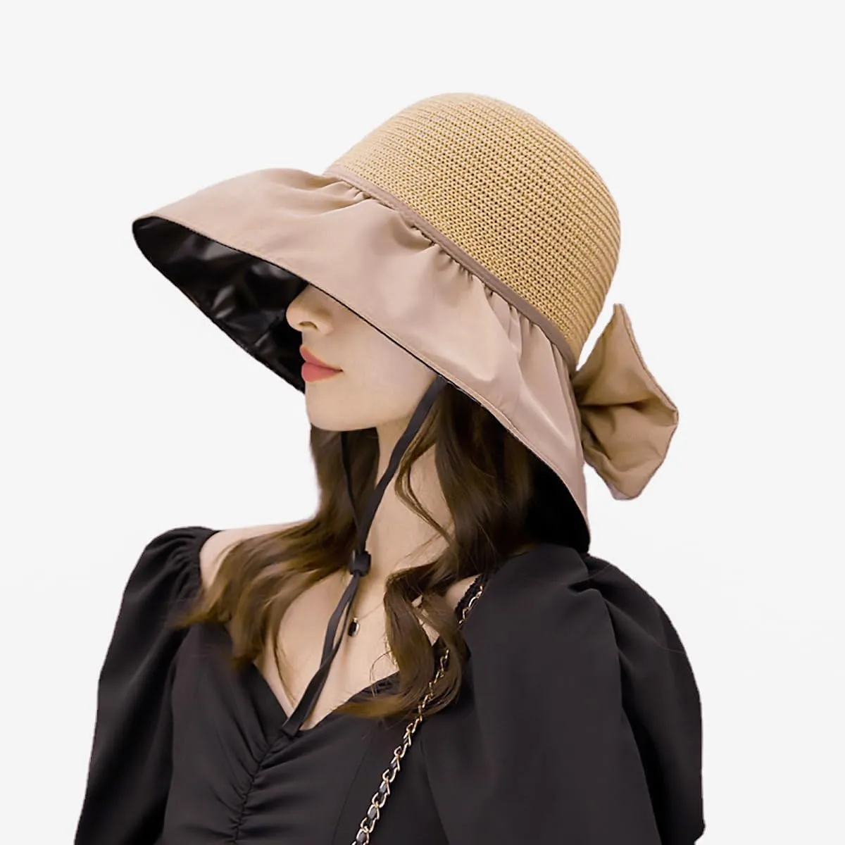 Womens Beach Sun Hat UPF 80  Summer Outdoor Protection Foldable Wide Brim Bucket Hat Decorative Bow