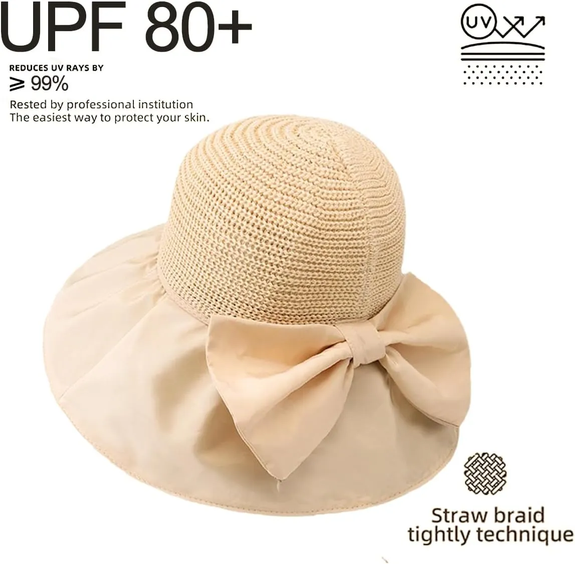 Womens Beach Sun Hat UPF 80  Summer Outdoor Protection Foldable Wide Brim Bucket Hat Decorative Bow