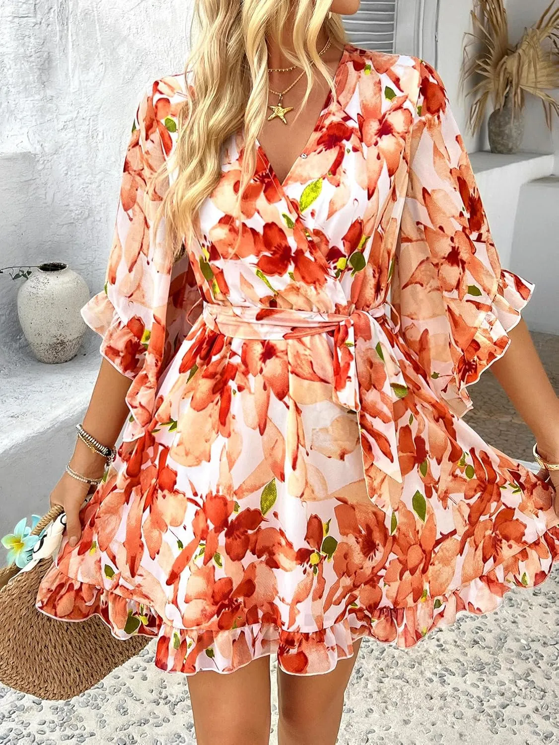 Women's Boho Floral V Neck Ruffled Swing Dress for Party